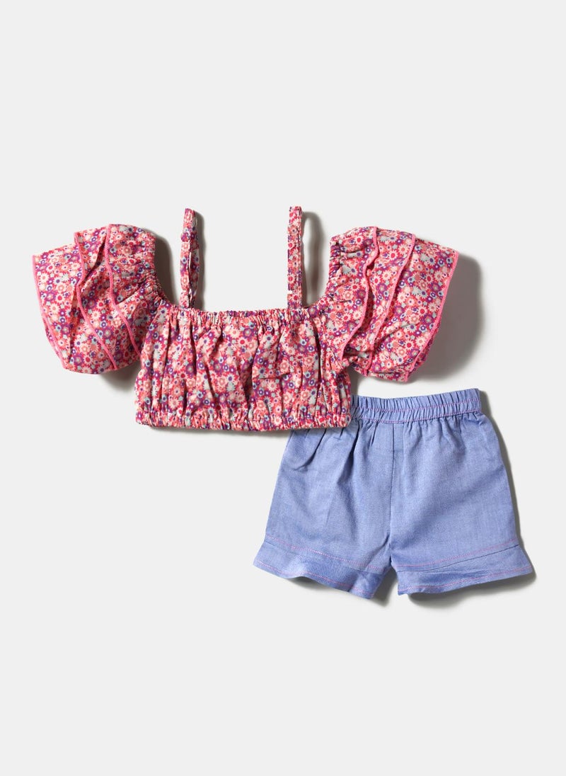 نوتيناتي طقم بناتي مخطط مكشكش بكتف مكشوف و شورت - Image 3